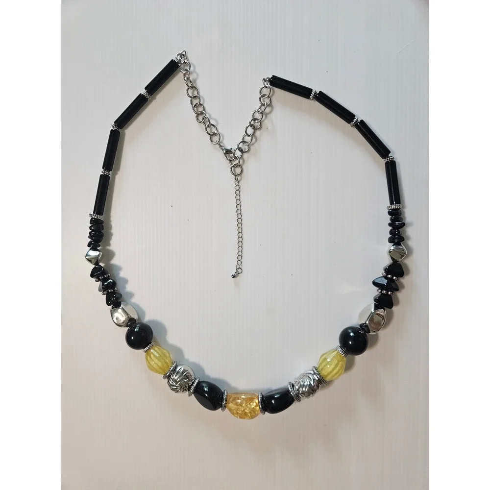 Black and Yellow Beaded Statement Necklace Silver Tone Chunky Adjustable